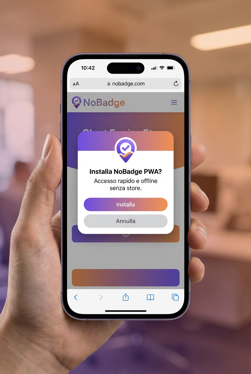 PWA NoBadge installabile da browser senza store - schermata smartphone con popup installazione web app